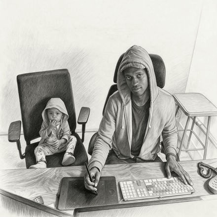 Illustration: Dahkil at an edit bay with a child beside him
