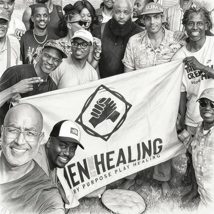 Illustration: the Men At Work Healing group holding a banner