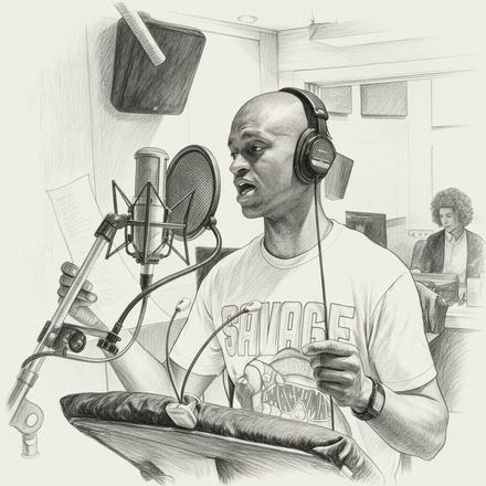 Illustration: Dahkil recording voice over in a booth